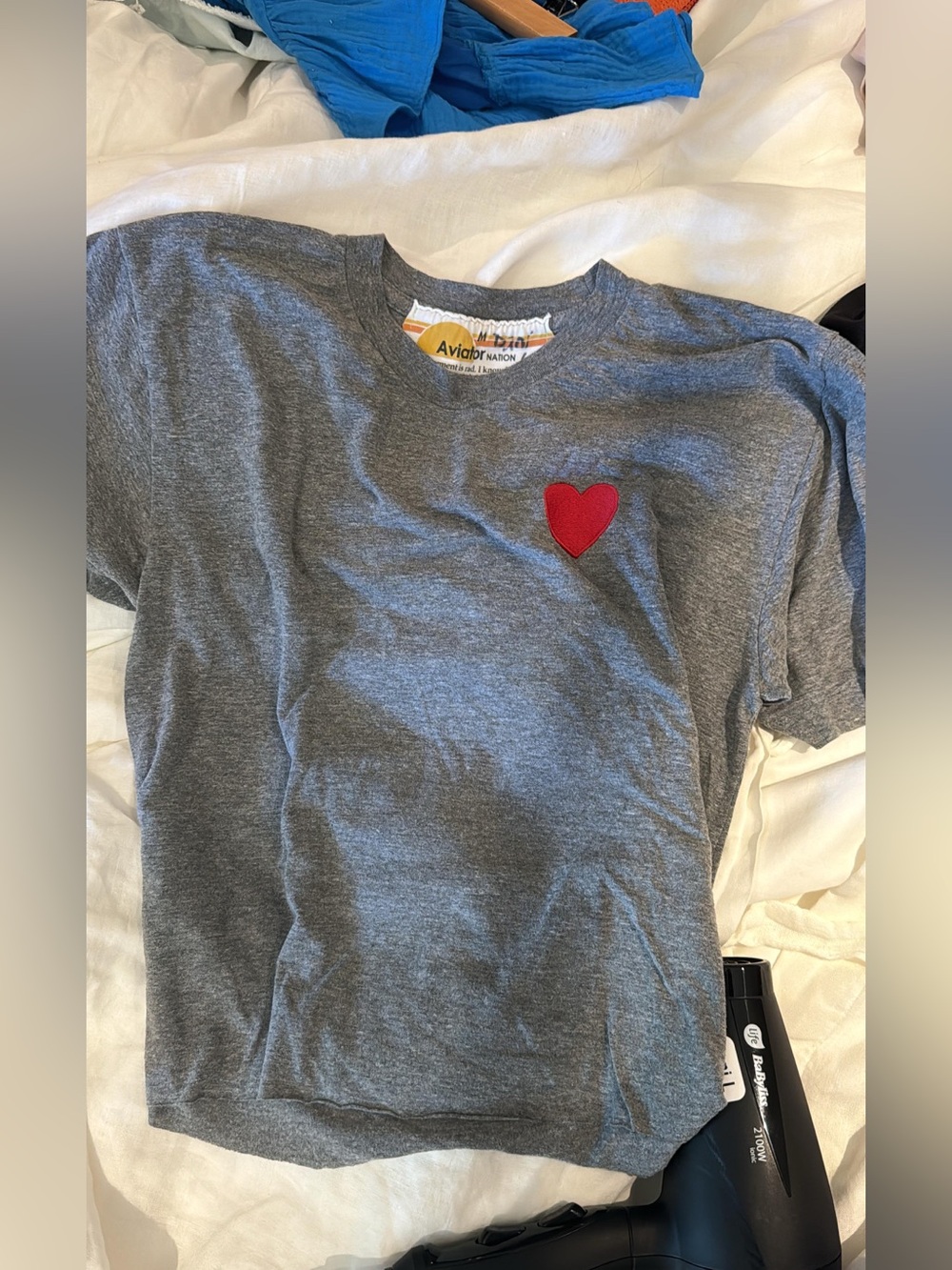 Aviator Nation Gray Short Sleeve Tee with Red Heart Patch